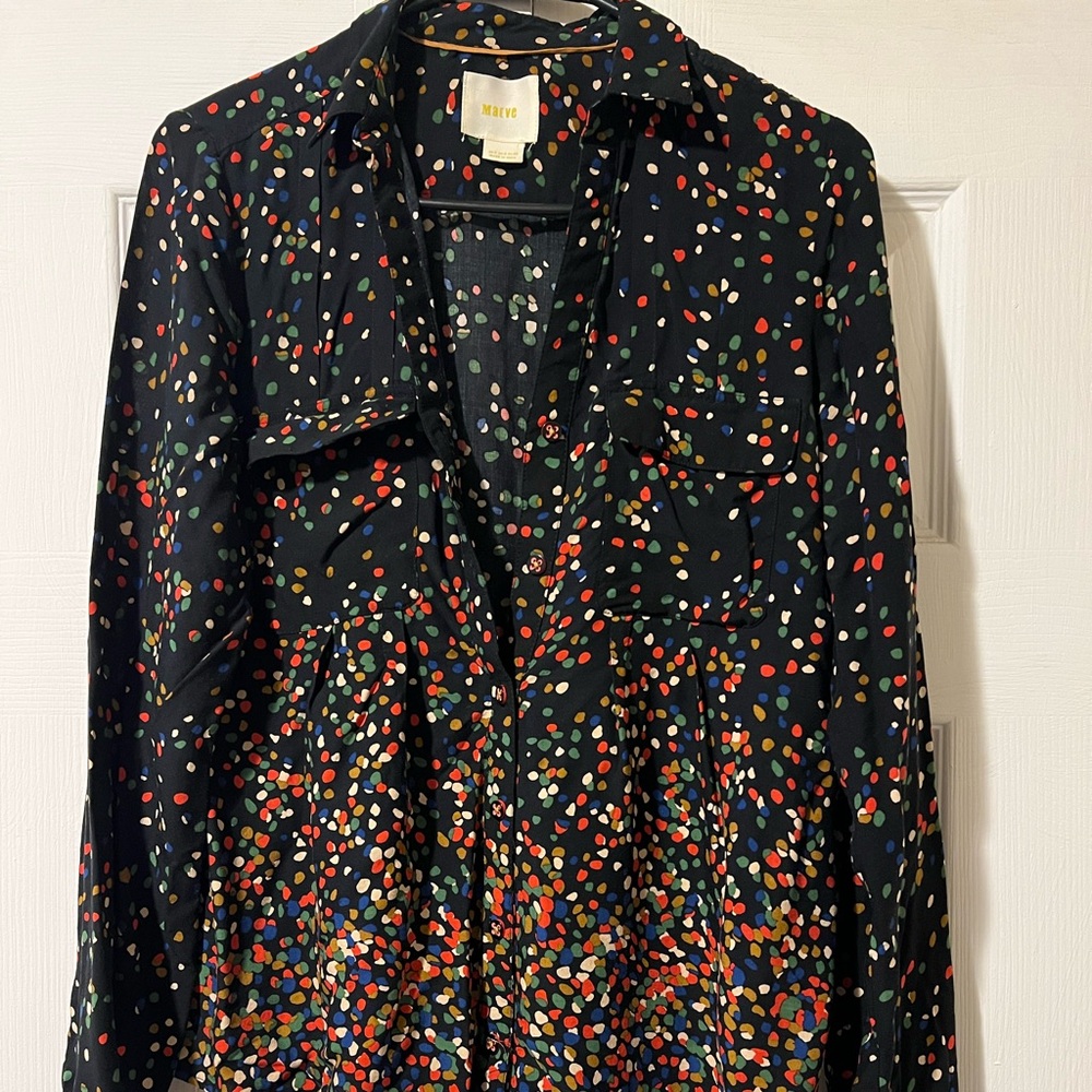 Maeve Anthropologie Blouse Womens Size 0 Black with Multicolor Confetti Pattern